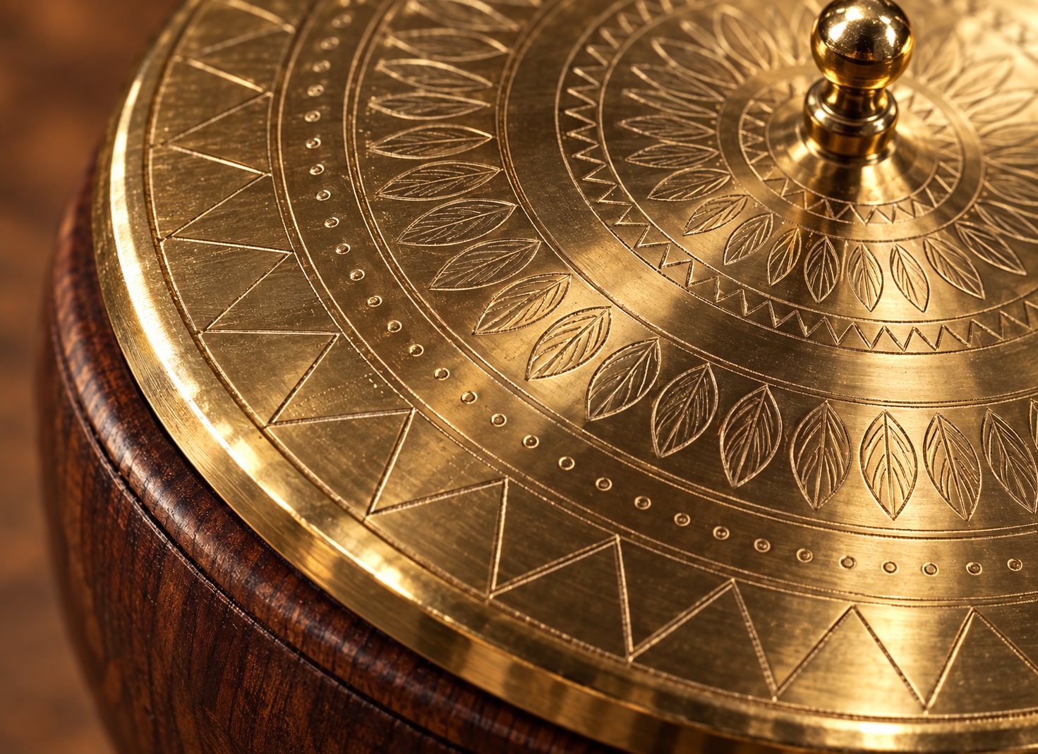 Macro detail of the engraved brass lid's mandala pattern against the dark wood body
