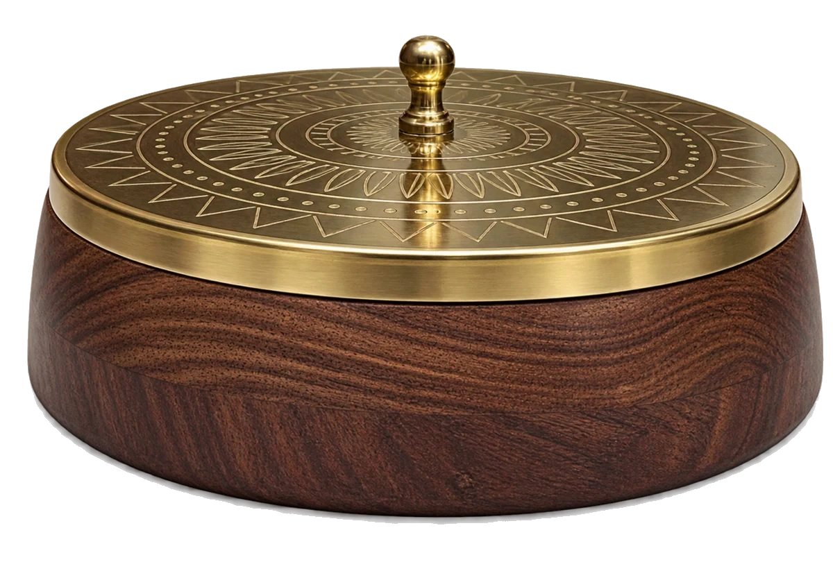 BittyJoy Premium Wooden Spice Box — dark hardwood body with an engraved brass lid and brass knob