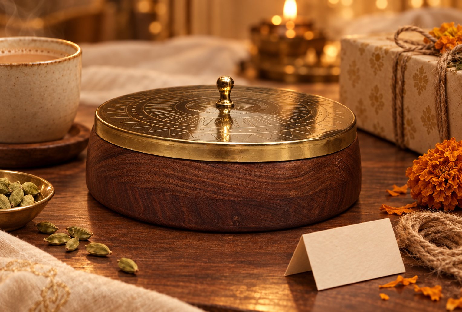 The closed BittyJoy spice box on a wooden table beside a cup of chai, cardamom pods and a marigold, lit by warm evening light