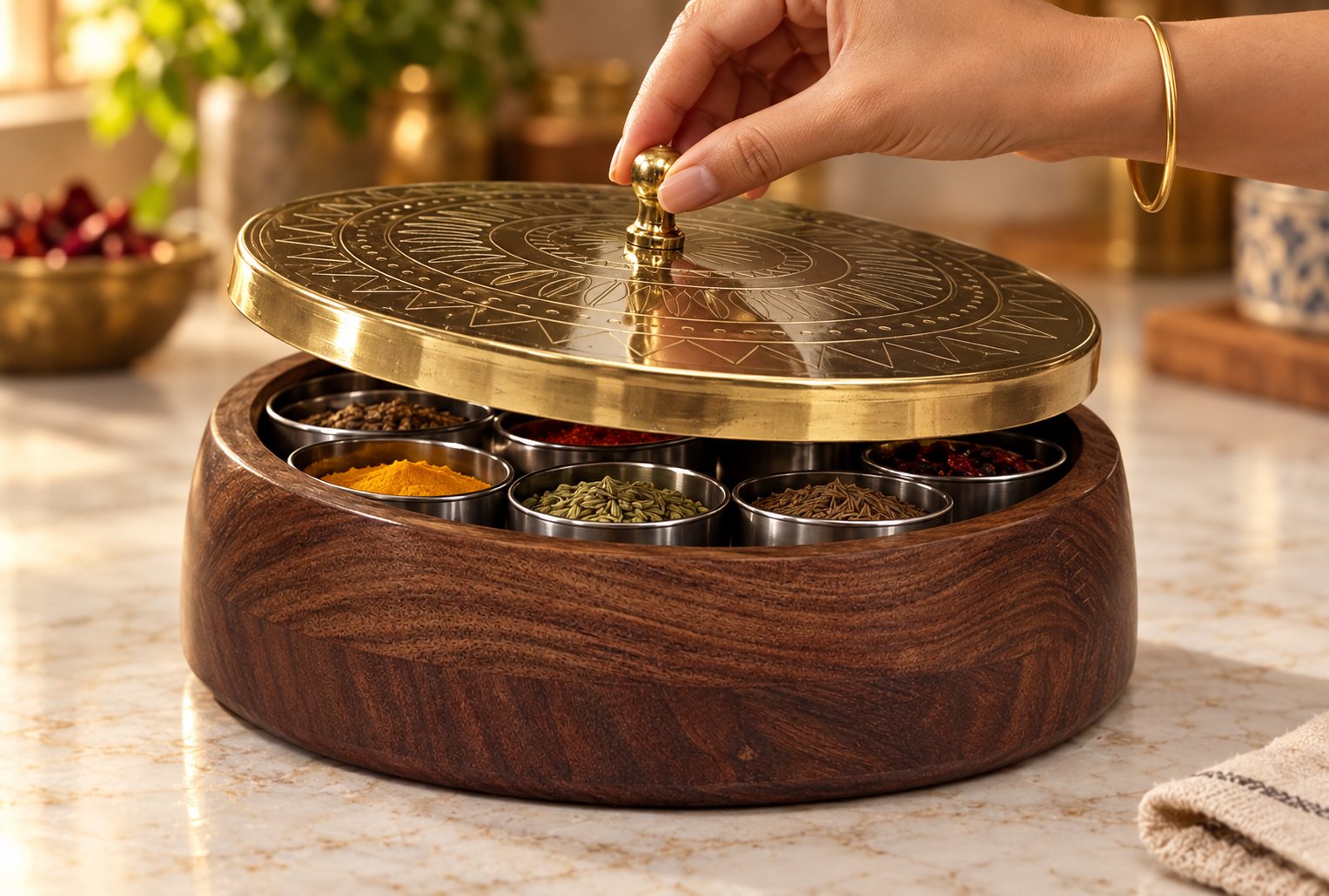 A hand lifting the engraved brass lid of the BittyJoy spice box by its knob, revealing the spice jars inside