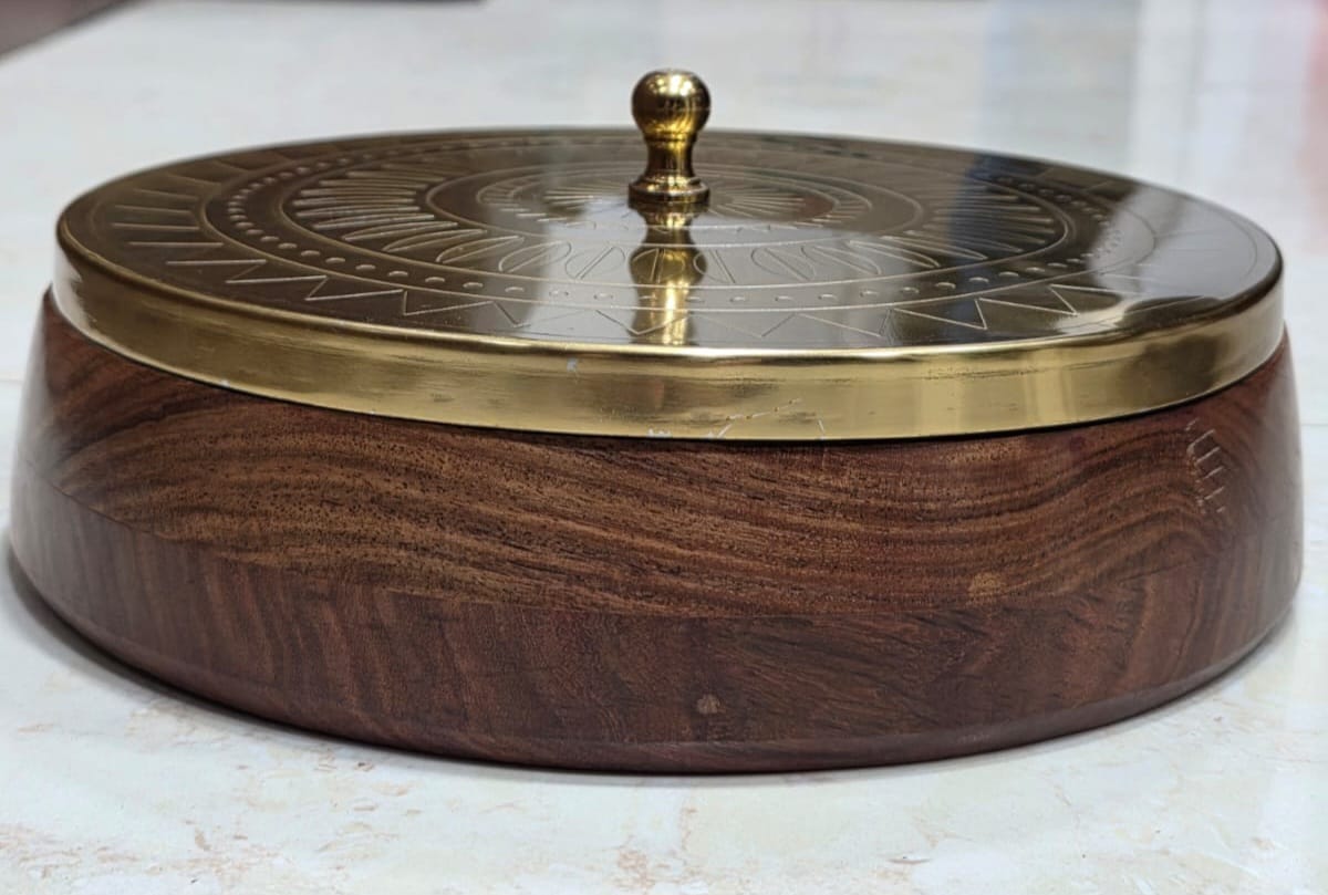 Side view of the closed BittyJoy Premium Wooden Spice Box showing the wood grain and brass lid