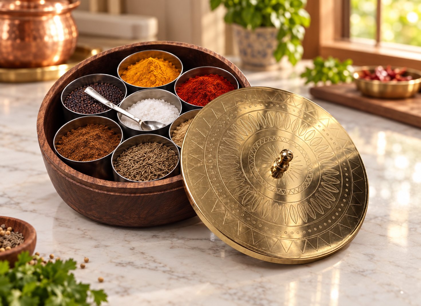 BittyJoy spice box open on a marble kitchen counter, jars filled with turmeric, chilli, cumin and other spices, brass lid resting beside it