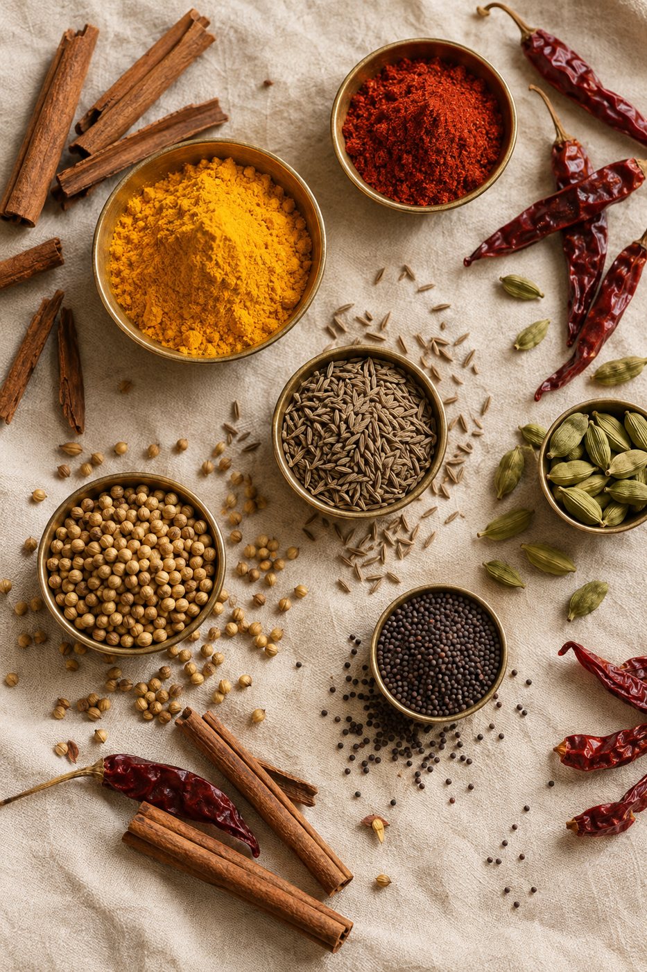 Flat lay of whole Indian spices in small brass bowls on cream linen